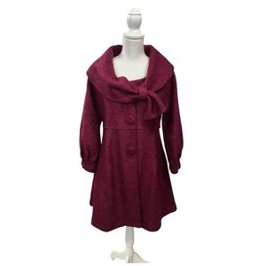 VTG Anthropologie Ryu L Fuchsia Wool Blend Bow Collar Swing Coat Puffed Sleeve